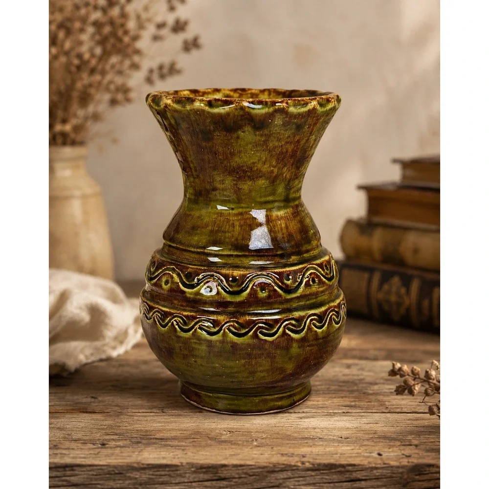 Signed Studio Pottery Vase Olive Green Brown Glaze Incised Design 6.75